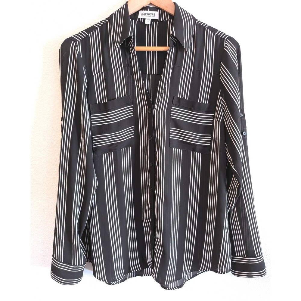 Express The Portofino Shirt Womens Medium Black White Striped Button Down Blouse